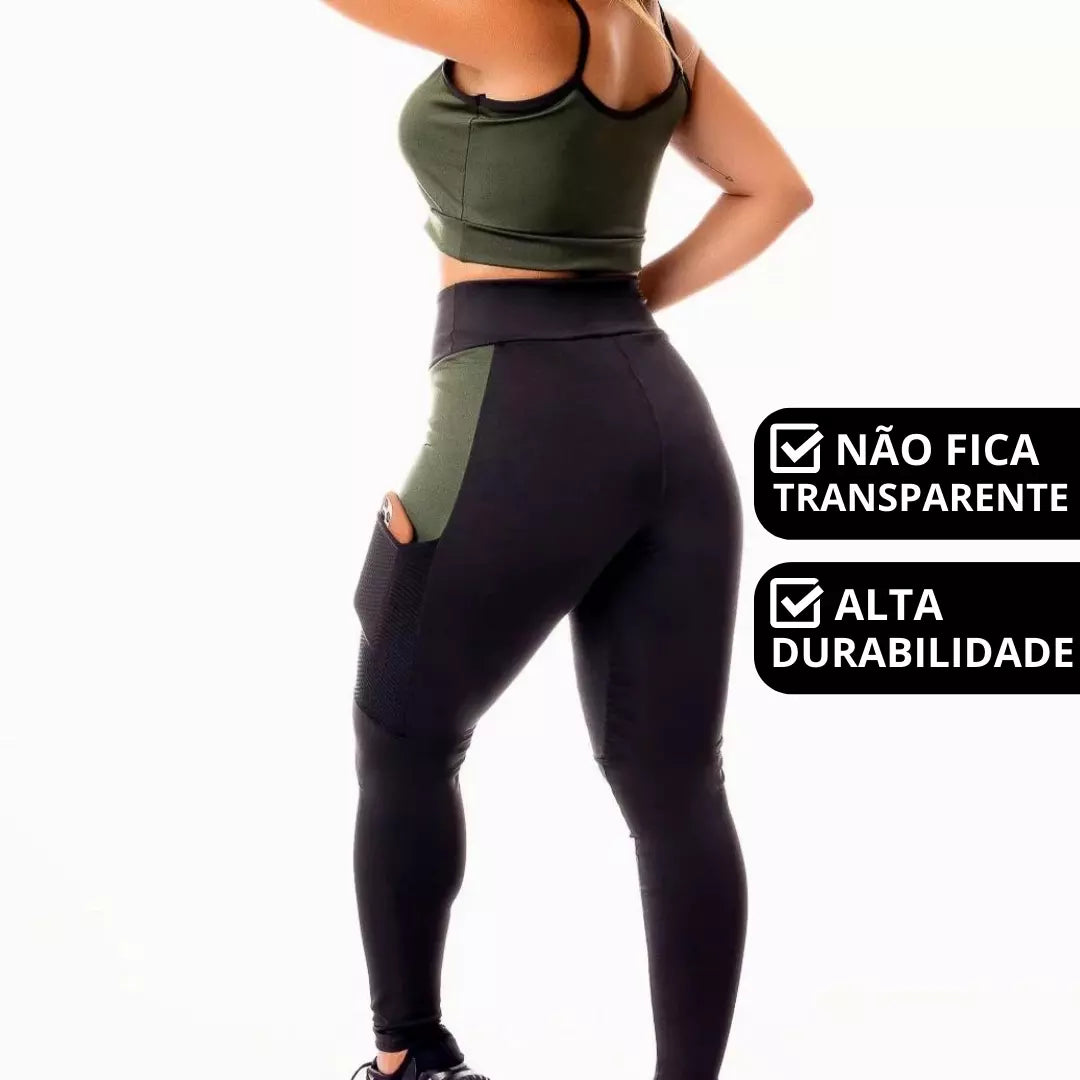 Conjunto Fitness Feminino - Calça Legging E Cropped Alcinha Megan Verde Militar
