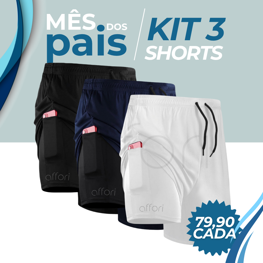 Kit 3 Shorts Compressão 2 em 1 - Presente dia dos Pais