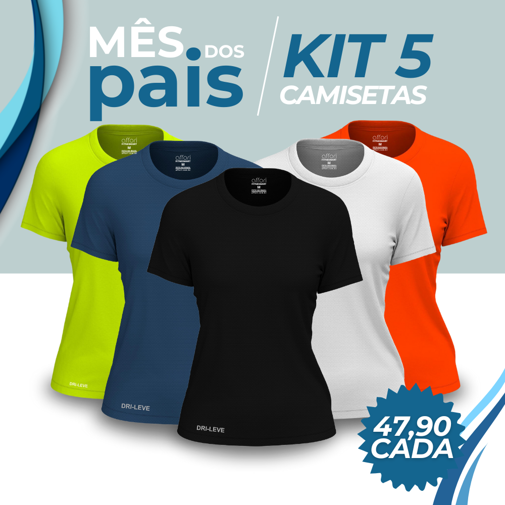 Kit 5 Camisetas Tecnológicas Femininas Fitnesmart - Promoção de Aniversário
