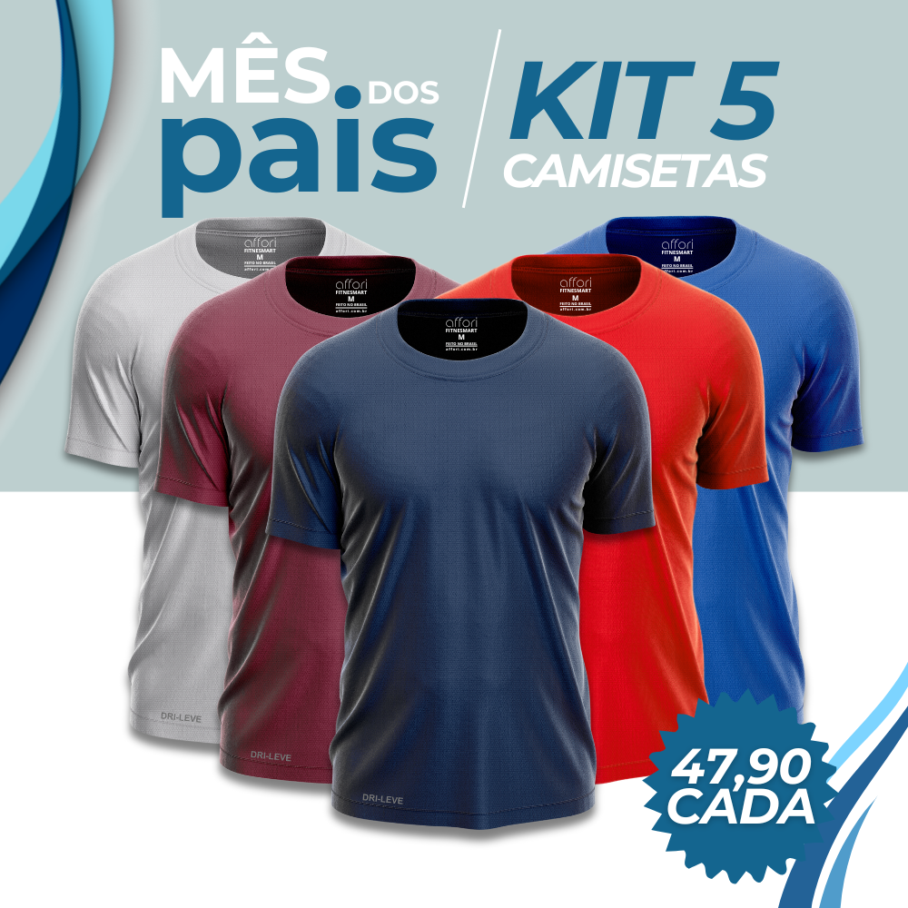 Kit 5 Camisetas Tecnológicas Masculinas FitneSmart - Presente dia dos Pais
