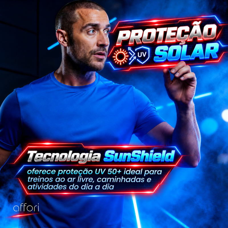 Tecnologia SunShield da camiseta FitneSmart, proteção solar.